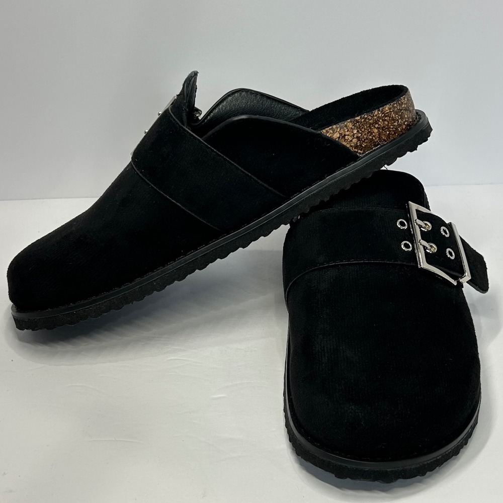 Forever Womens Black Faux Suede Buckle Clogs Cork Midsole Slip On Mules Size 6.5